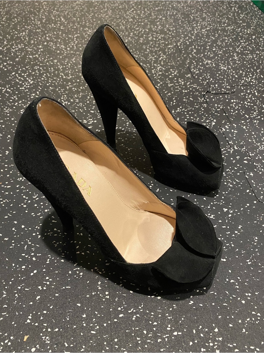 Prada 4” Black Suede Peep-Toe Heels with Decorative Bow